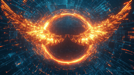 Poster - Modern Futuristic Composition with Radiant Orange Ring and Flame-Like Wings Set Against a Structured Blue Backdrop, Conveying Power and Innovation