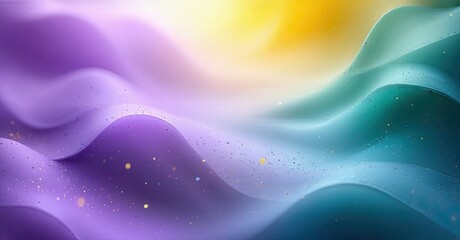 Fototapete - Abstract fluid shapes, vibrant colors blend. Purple, yellow, teal waves create dynamic, soft texture. Sparkles add subtle detail.