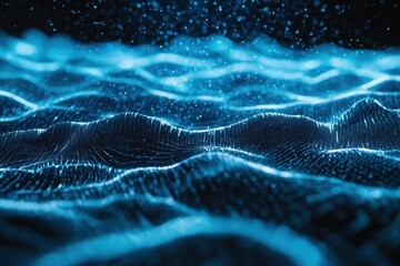 Poster - Glowing blue lines create intricate patterns resembling flowing water in a dark environment, Abstract of glowing blue lines forming intricate patterns over dark background