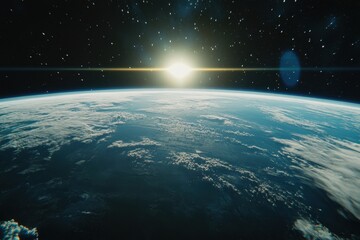 Aufkleber - Zooming in on Earth from space with the sun rising above the horizon in a stunning view, Animation zoom in of Earth planet, world, globe view from above Blue space starry in background