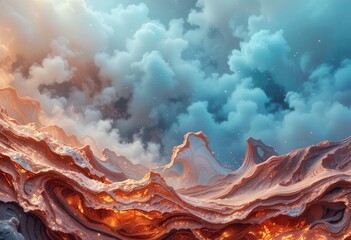 Fototapete - Vibrant digital landscape with glowing textures and dynamic cloud formations