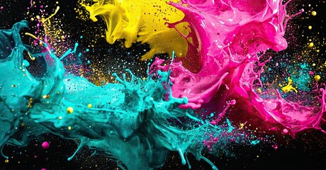 Aufkleber - Vibrant paint splashes collide, creating dynamic colorful explosion against dark background. Intense energy, fluid motion captured.