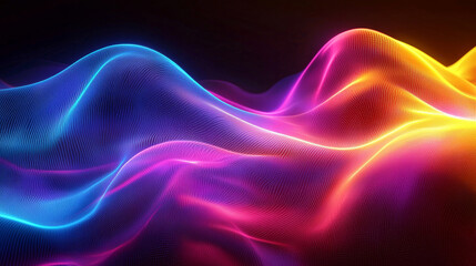 Poster - Vibrant, Colorful Wave of Light Flows Gracefully Against Dark Background, Showcasing Smooth Gradient Transitions from Blue to Pink to Yellow, Creating Mesmerizing and Dynamic Visual Effect with.
