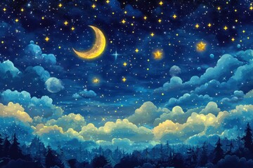 Aufkleber - Mysterious night fantasy landscape with golden moon and shimmering stars over serene clouds, Night fantasy landscape with moon and planets, seamless ed