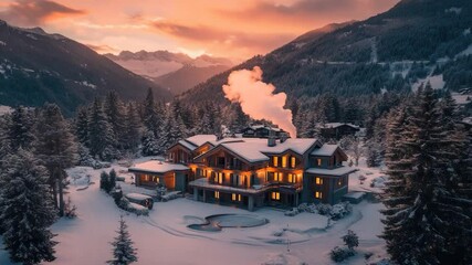 Poster - Snowy chalet nestled in a mountain valley at sunrise