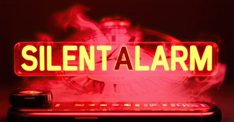 Aufkleber - Bright neon sign displays SILENT ALARM. Red glow illuminates complex machinery, creating dramatic effect. Dark background emphasizes vibrant colors.