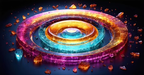 Poster - Colorful concentric rings, glowing. Fragments scattered around, dark background. Abstract digital art, vibrant hues, circular design.