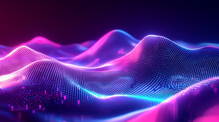 Poster - Futuristic Neon Terrain with Flowing Pink and Blue Waves, Showcasing a Sleek Abstract Design Full of Energy and Motion