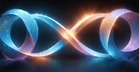 Leinwandbilder - Bright infinity symbol glows. Blue, orange, purple hues blend. Cosmic dust sparkles against dark background. Abstract, vibrant energy radiates.