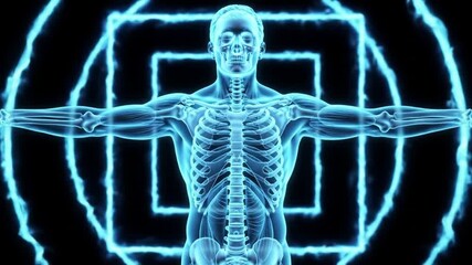 Poster - Blue Translucent Human Skeleton with Arms Outstretched Surrounded by Concentric Squares and Circles on Black Backdrop