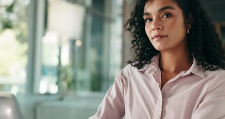 Poster - Face, businesswoman and typing on laptop in office for account management or finance report. Portrait, budget or accountant with technology or smile for tax compliance, investment project or auditing