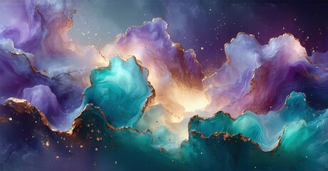 Poster - Abstract fluid art. Purple, teal, gold hues blend. Swirling patterns create dynamic, ethereal landscape. Sparkles add luminescence.