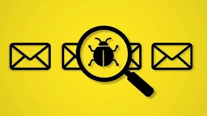 Poster - Email Security Illustrative Vector of Magnifying Glass over Bug on Envelope with Vibrant Yellow Backdrop