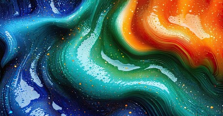 Poster - Abstract fluid art. Swirling colors blend, creating dynamic patterns. Blue, green, orange hues dominate composition. Texture appears glossy, vibrant.