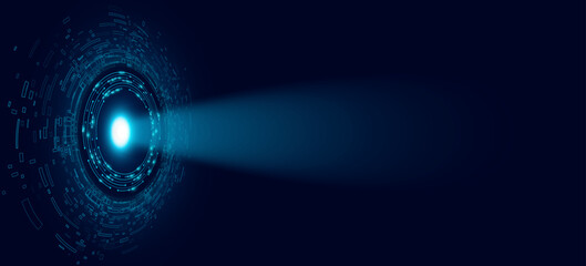 Poster - Digital radiant blue spotlight emerging from a circular futuristic HUD interface. Abstract cyber elements and digital particles. Big data visualization with scanning AI technology. Vector illustration