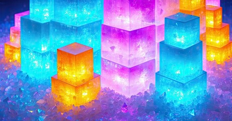 Poster - Vibrant glowing cubes stacked upon textured surface. Bright colors create futuristic, digital aesthetic. Light radiates, forming captivating scene.