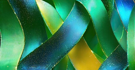 Leinwandbilder - Abstract ribbons intertwine, displaying vibrant green, blue, yellow hues. Glittering particles enhance texture, creating dynamic visual effect.
