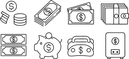 Poster - Finance Icons Black Solid Style Money Dollar Coins Wallet Budget Investment Vector Set