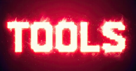 Aufkleber - Bright text spells TOOLS with fiery, glowing effects. Red hues dominate dark background. Dramatic visual presentation.