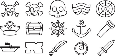 Fototapete - Pirate Icons Solid Black Set Sea Adventure Skull Treasure Ship Compass Design