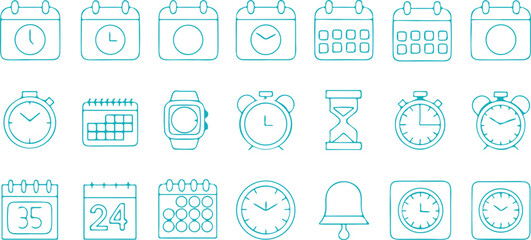 Poster - Time Icons Solid Black Set Clock Calendar Alarm Reminder Watch Minimal Vector Style