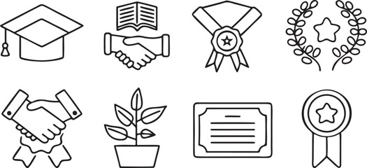 Fototapete - Education Icons Minimalist Style Line Art Graduation Diploma Award Trophy Ribbon Set