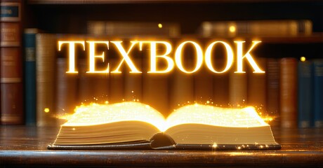 Aufkleber - Open textbook glows brightly. Bookshelves visible behind, creating warm study atmosphere. Knowledge radiates from pages.