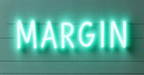 Aufkleber - Bright neon sign displays word MARGIN. Turquoise glow contrasts dark background. Simple, modern aesthetic. Minimalist design.