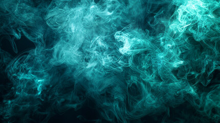Poster - Swirling Cloud of Green Smoke and Vibrant Turquoise Vapor Against Black Background Creates Mysterious, Ethereal, and Abstract Atmosphere with Dynamic Visual Effect and Fluid Motion