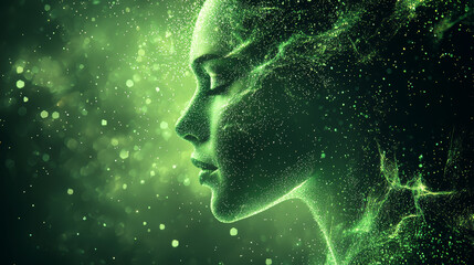 Poster - Digital Human Profile Glowing in Green Light, Surrounded by Ethereal Particles in a Tech-Inspired Scene