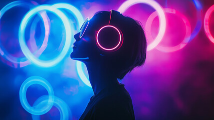 Poster - Neon-Headed Silhouette Surrounded by Glowing Rings, Radiating a Cyber-Inspired Futuristic Vibe