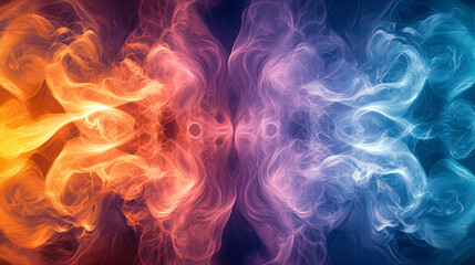 Poster - Colorful Abstract Smoke Art Vibrant Orange, Blue, and Purple Swirls Creating Symmetrical Patterns Reflective Surfaces with Mesmerizing Digital Artwork Featuring Swirling Smoke Like Forms and Dynamic