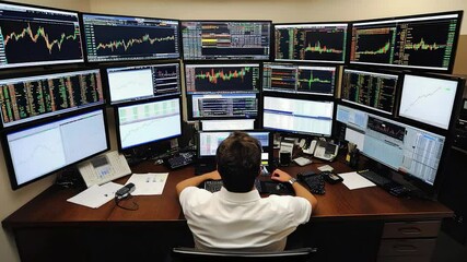 Poster - Multiple monitor workstation with charts and graphs.