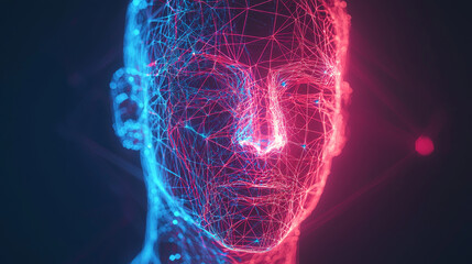 Poster - Futuristic Human Head Outline in Glowing Red and Blue Lines Over White Background, Symbolizing Tech and Machine Intelligence