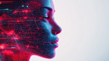 Poster - 55555Neon Red and Blue Wireframe Illustration of Human Head on White Canvas, Depicting AI and Digital Innovation