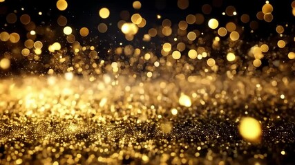 Poster - Animated golden glitter particles floating on black background, shiny glowing dust, gold color glitters and bokeh effects