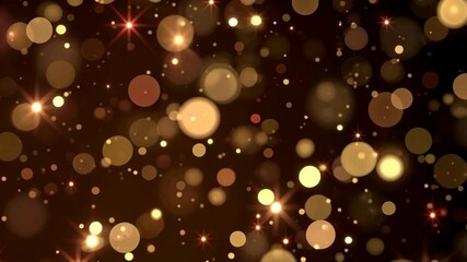 Poster - Abstract background with golden bokeh particles and stars glittering on a dark backdrop, creating elegant festive design element
