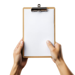 Poster - Hands hold a clipboard with blank sheet on a white background representing organization and planning activities, hand holding a clipboard, white background