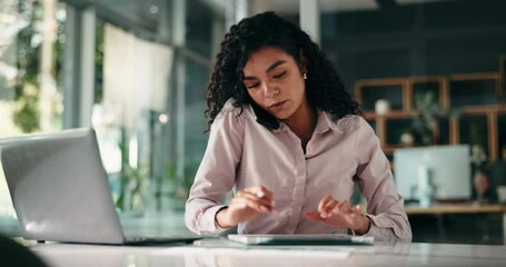 Aufkleber - Phone call, business and woman with laptop, stress and conversation with schedule for taxes audit. Person, economy expert and financial advisor with PC, mistake and cellphone with contact or deadline