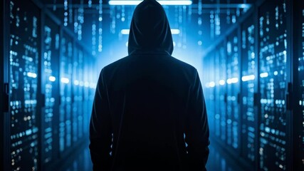 Poster - Person in a hooded sweatshirt standing in front of a server room for cybersecurity or privacy data access protection.