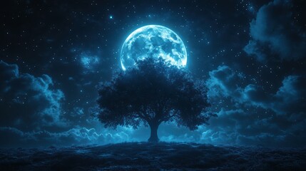 dramatic nighttime scene of a dark tree silhouetted against a shining full moon and celestial sky