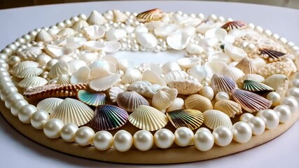 Poster - Elegant background of white pearls and various seashells arranged on a surface with an open space for text or an object in the center