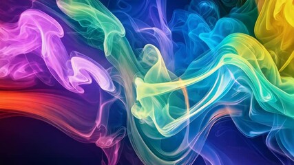 Poster - Colorful wispy smoke flowing, creating abstract shapes, with vibrant hues of purple, blue, orange, and yellow, ethereal and dreamy