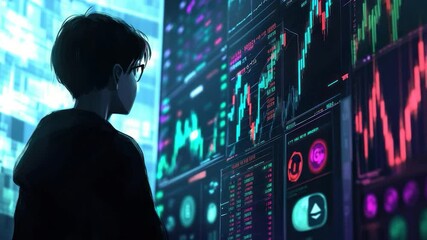 Poster - Person looking at glowing digital displays