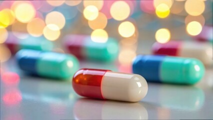 Poster - Colorful Glowing Capsules on a Soft Surface with Bokeh Background