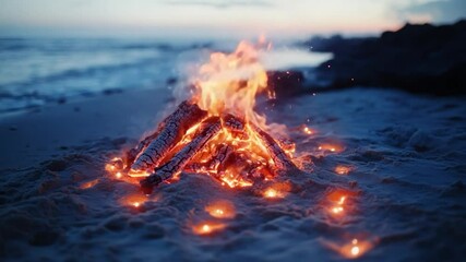 Poster - Bonfire on the beach at dusk