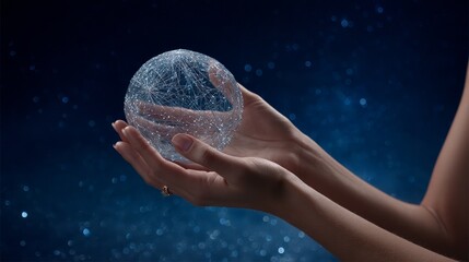 Poster - Hands holding a glowing digital sphere with data nodes against a starry night sky, symbolizing global technology connectivity and innovation
