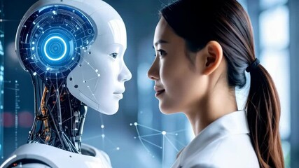 Poster - Woman in white coat stares into the face of a futuristic AI humanoid robot in a bright laboratory setting with abstract data