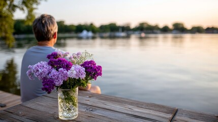 Poster - Peaceful man gazing at tranquil river at dusk from wooden deck with vibrant wildflowers in a vase, capturing reflective outdoor moment with soft evening light