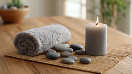 Poster - Serene wellness setup with rolled towel, flickering candle, smooth pebbles on bamboo mat in tranquil spa environment